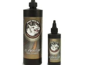 An image of a large and small bottle of bore teach eliminator. The label is gold including the Bore Tech logo that is a pig.