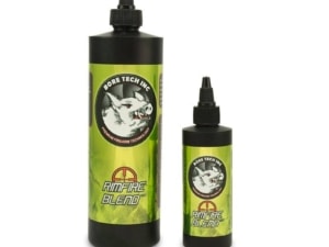 Showing a 16oz and 4 oz BBore Tech Rimfire Blend bottle. The design is a black bottle with a green label.
